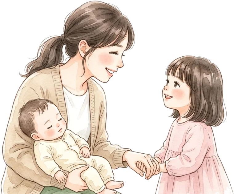 赤ちゃんを抱っこしたママと上の子が、手をつないでほほえみ合っている絵