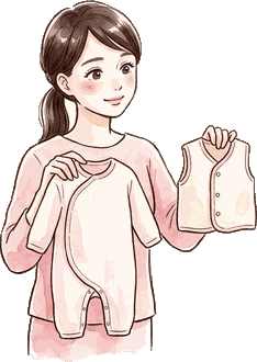 ママが赤ちゃんのロンパースとベストを見比べて考えている絵