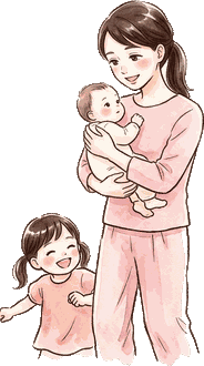 上の子が部屋を走り回り、ママが赤ちゃんを抱っこしながら見守っている絵