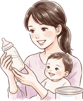 哺乳瓶の目盛りを見て、ミルクの量をたしかめているママ
