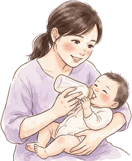 ママが腕の中の赤ちゃんに哺乳瓶でミルクを飲ませている絵