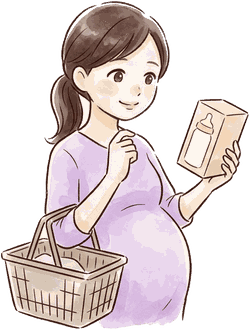 妊娠中のママが、買い物かごを持って哺乳瓶の箱をながめている絵