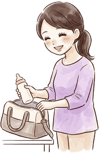 ママがマザーズバッグにプラスチックの哺乳瓶を入れている絵