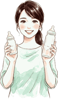 ママが小さい哺乳瓶と大きい哺乳瓶を両手に持って見せている絵
