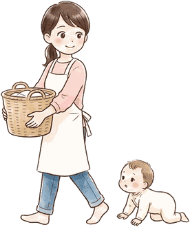 洗濯かごを抱えて歩くママのうしろを、赤ちゃんがハイハイで追いかけている絵