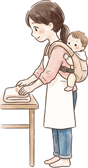 赤ちゃんをおんぶしたママが、台の上でタオルをたたんでいて、赤ちゃんが肩ごしにのぞいている絵