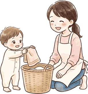 1歳半くらいの子がタオルを洗濯かごに入れ、ひざをついたママが笑顔で見守っている絵