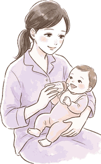 授乳中の赤ちゃんが口を離して横を向き、ママが穏やかに見守っている絵