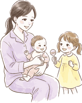 近くで遊ぶ上の子の声に赤ちゃんが振り向いている絵
