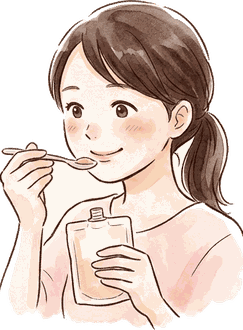 ママがスプーンでベビーフードを一口味見している絵