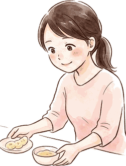 ママが離乳食の器の横に、バナナの小皿を添えている絵