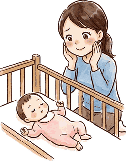 ベビーベッドで眠る赤ちゃんをのぞきこみ、片手をほおに当てて起こすかどうか迷っているママ