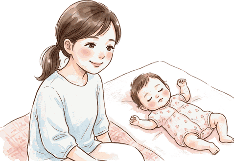 夜の寝室で、布団に寝かせた赤ちゃんの寝顔を見て、ほっとした顔で座っているママ