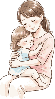 床に座ったママが、ひざに乗った上の子をぎゅっと抱きしめている