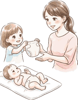 マットに寝ている赤ちゃんのそばで、上の子が紙おむつをママに手渡している