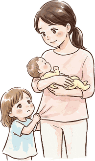 赤ちゃんを抱っこしているママの服のすそを、上の子が引っぱって見上げている