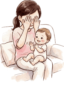 赤ちゃんをひざに抱いたママが、両手で顔をかくしていないいないばあをしている