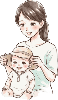 ママが両手で、あごひも付きのつば広の帽子を赤ちゃんにかぶせている絵