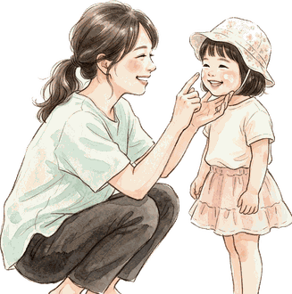 しゃがんで上の子と向き合い、ほおに日焼け止めを塗るママ