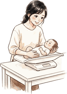 ベビースケールに乗せた赤ちゃんを両手で支えて、体重をはかっているママ