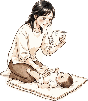 おむつ替えの途中で、はずした紙おむつの重みを手で確かめるママ