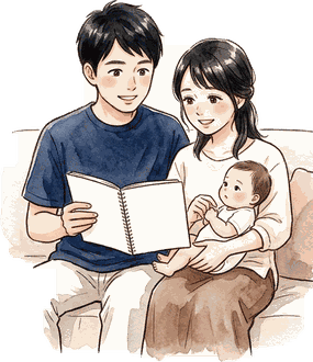 赤ちゃんを抱っこしたママと夫が、ソファに並んで1冊のノートをのぞき込んでいる