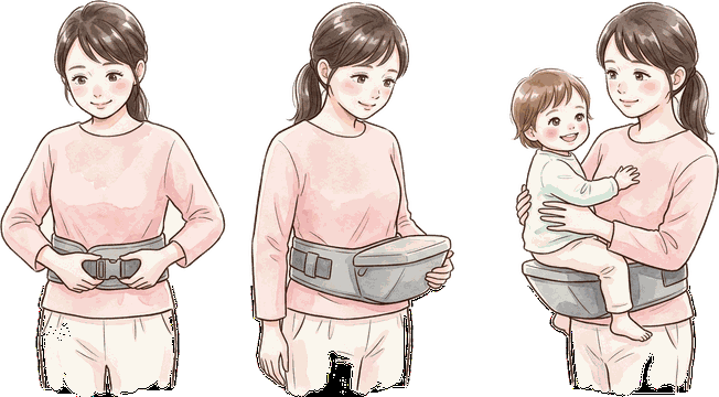 ママがヒップシートの腰ベルトをおへその高さで巻き、台座の向きを確かめ、女の子を座らせて背中を支えている絵