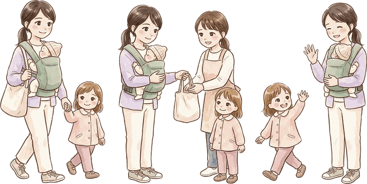 抱っこ紐で赤ちゃんを抱いたママが、上の子と手をつないで保育園へ行き、先生に荷物を渡して見送っている絵