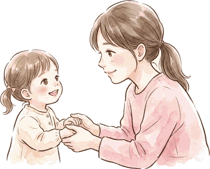 しゃがんで子どもと目線を合わせ、両手をやさしく握っているママ