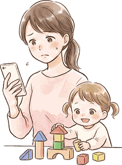 スマホを見て困った表情のママと、足もとで積み木で遊ぶ子ども