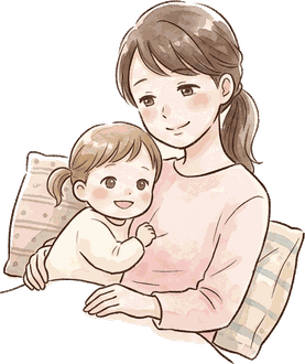 クッションに寄りかかって、子どもと寄り添って休んでいるママ