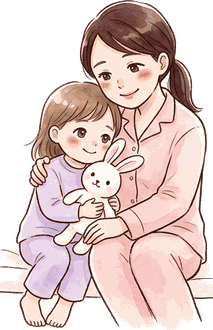 敷いたばかりの子ども用布団の上で、ぬいぐるみを抱いた上の子とママが寄り添って座っている