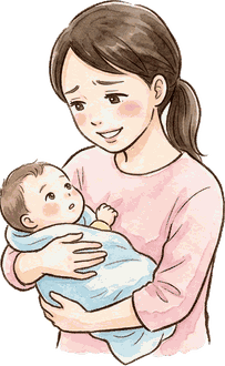 腕の中の赤ちゃんが口を離して不思議そうに胸元を見上げ、ママが眉を下げた困り笑顔で見下ろしている