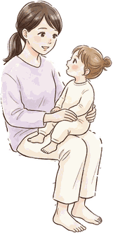 ママが3歳の娘をひざに抱き、話を聞いている絵