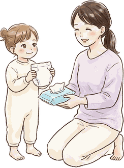 上の子がおむつを両手で持ち、おむつ替えを手伝っている絵