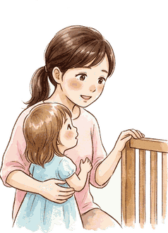 3歳の女の子を片腕で抱き寄せ、もう片方の手を木のベビーベッドの柵に添えて話しかけているママ