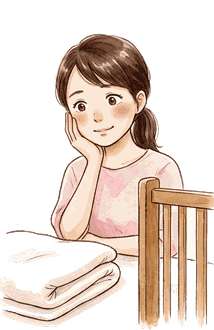 たたんだ布団とベビーベッドの柵のそばで、片手をほおに当ててどこに置くか考えているママ