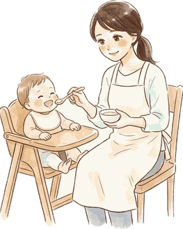 明るいダイニングで、ハイチェアに座った赤ちゃんに、ママがスプーンで離乳食をひと口あげている絵