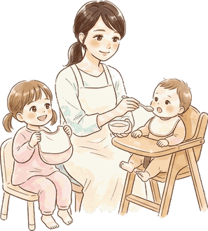 ハイチェアの赤ちゃんにママがスプーンで離乳食をあげ、ママの反対隣で小さないすに座った女の子が、スタイを手に持ってママに差し出している絵