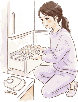 夜のキッチンで、ママが小分けの冷凍トレーを冷凍庫にしまい、カウンターにスタイとスプーンをまとめている絵