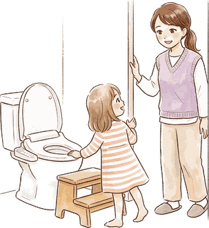 家のトイレで、補助便座と踏み台のそばにいる女の子が、入口に立つママを振り向いて楽しそうに話しかけている絵