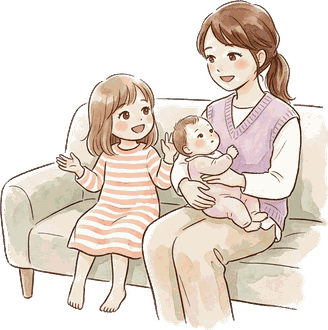 ソファで赤ちゃんを抱っこしたママが、隣に座る上の女の子の話を笑顔で聞いている絵
