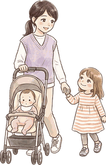 保育園の帰り道、赤ちゃんを乗せたベビーカーを押すママが、手をつないだ女の子を見下ろして微笑み、女の子は少し得意げにママを見上げている絵