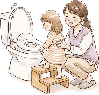 家のトイレで、補助便座の前の踏み台を上る女の子の背中に、しゃがんだママがそっと手を添えて見守っている絵