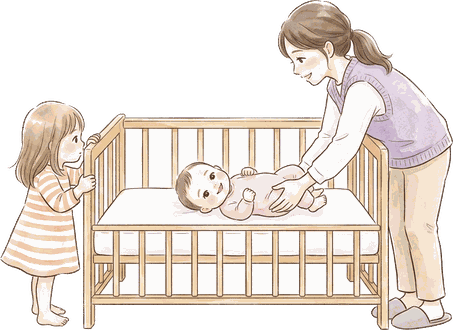 ママが赤ちゃんをベビーベッドにそっと仰向けに寝かせ、女の子が柵越しにのぞいている絵
