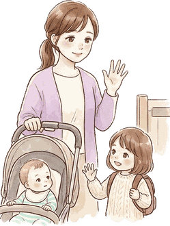 保育園の前で、赤ちゃんを乗せたベビーカーに手を添えながら、リュックを背負った上の女の子に手を振って見送るママの絵