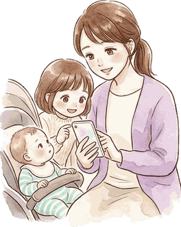 小児科の待合室で、ママが上の女の子にスマホの写真を見せていて、すぐ横のベビーカーから赤ちゃんが見上げている絵