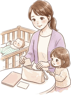 家のテーブルで、ママが母子手帳と診察券をケースにしまい、上の女の子がのぞきこみ、横のベビーベッドで赤ちゃんが寝ている絵